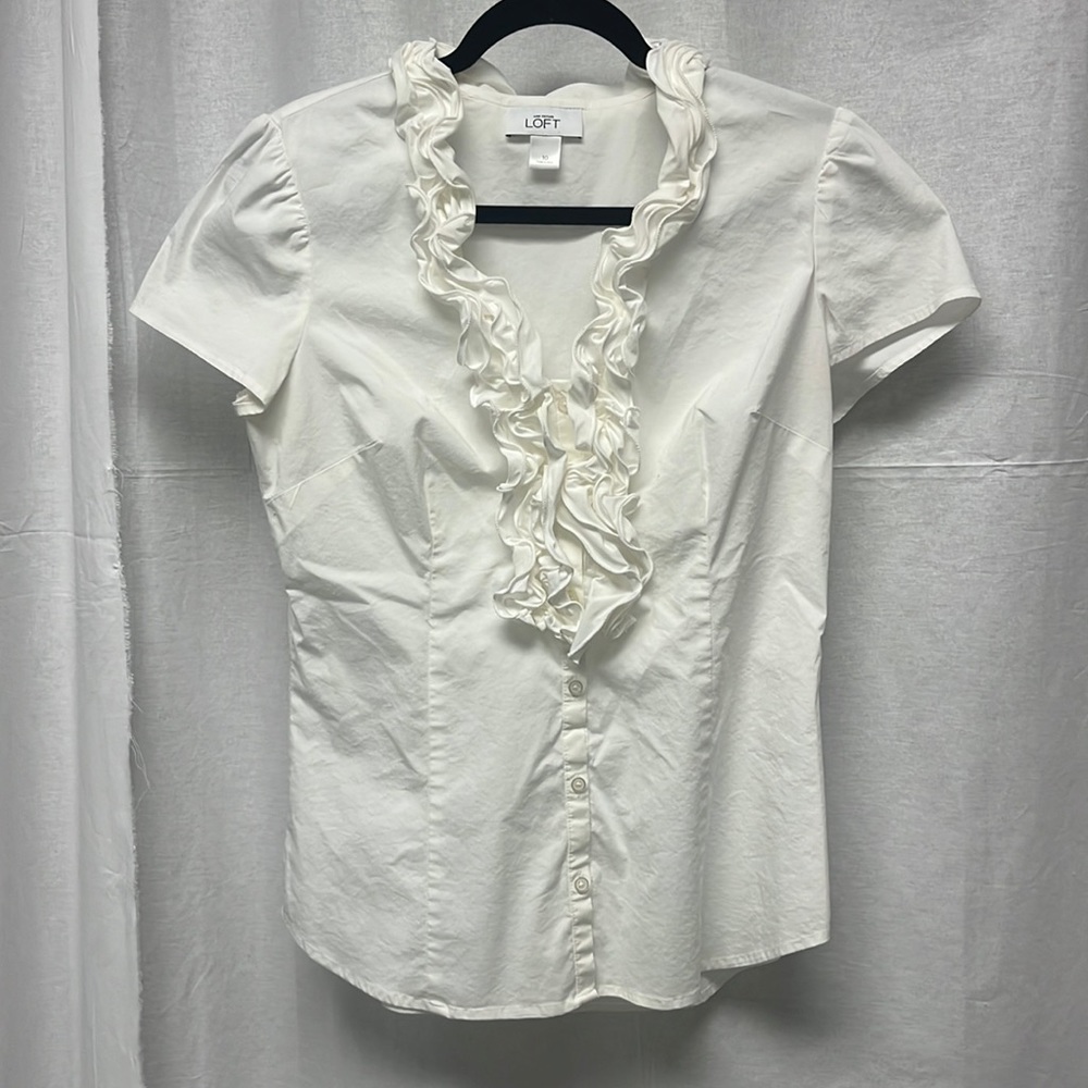Ann Taylor Loft White, size 10  blouse, low cut with frills
